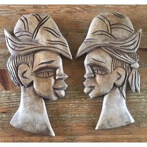 Carved Wooden African Faces Man Woman Pair Hard Carved Couple Wall Decor